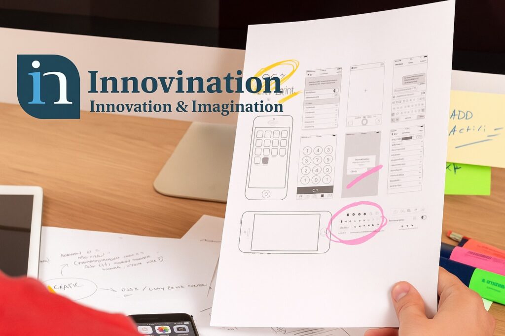 Visual Concept: A designer working at a desk with UI sketches and tech devices — represents the UX design process.