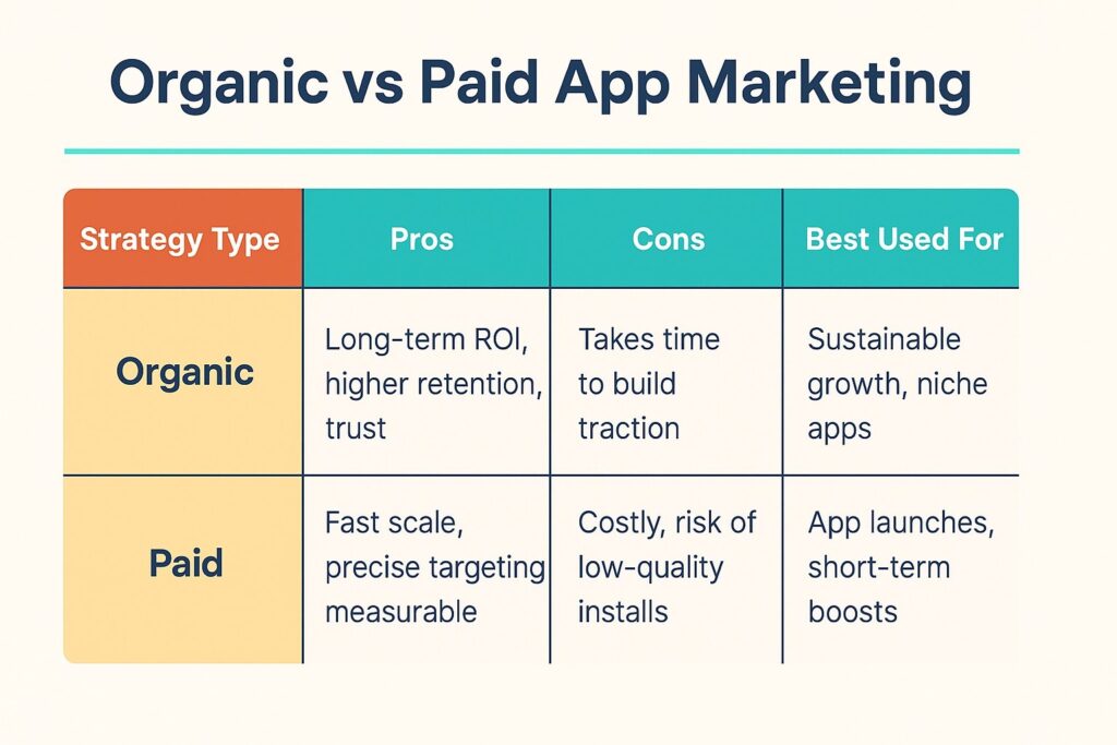 Infographic comparing organic vs paid mobile app marketing strategies, highlighting pros, cons, and best uses for each method.
