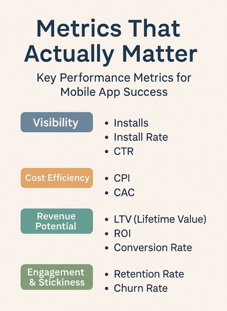 Infographic titled 'Metrics That Actually Matter' showing essential mobile app performance indicators grouped by categories: Visibility, Cost Efficiency, Revenue Potential, and Engagement & Stickiness, with clean typography and color-coded sections for easy reference.