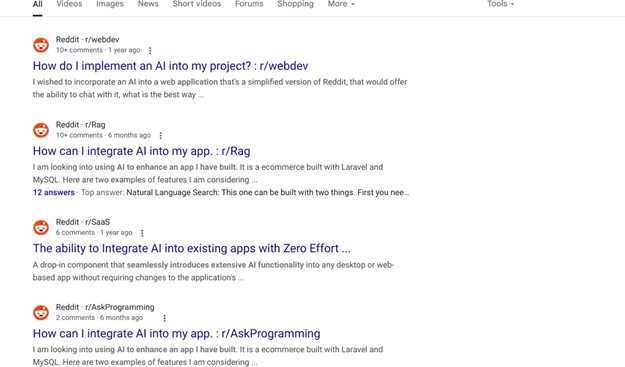 Reddit queries on integrating AI into personal app projects. Innovination research